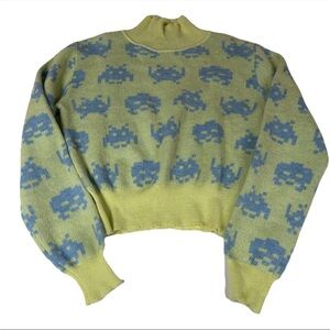 Zara Women's Size Medium Sweater Taito Space Invaders Mock Neck Crop Blue #3900